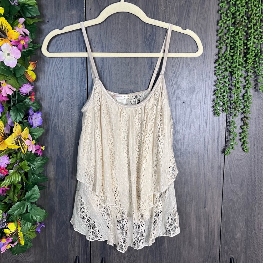 «🌼3/$30🌼Agaci Spaghetti Strap Ruffle Lace Top Size Medium - Picture 2 of 13